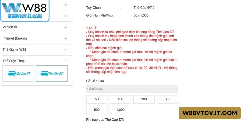 Các phương thức thanh toán đa dạng tại giao diện nạp tiền W88